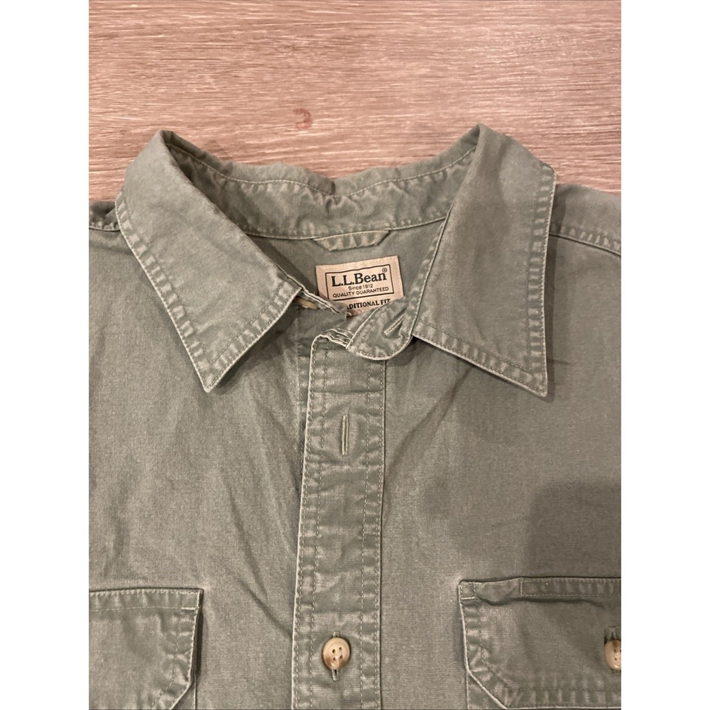 L.L.Bean Shirt Mens XL-REG Green Sunwashed Canvas Pockets Casual Workwear